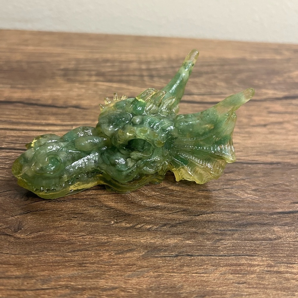 Resin Dragon Head Figurine Green Aventurine Chips Fantasy Sculpture 4” Handmad